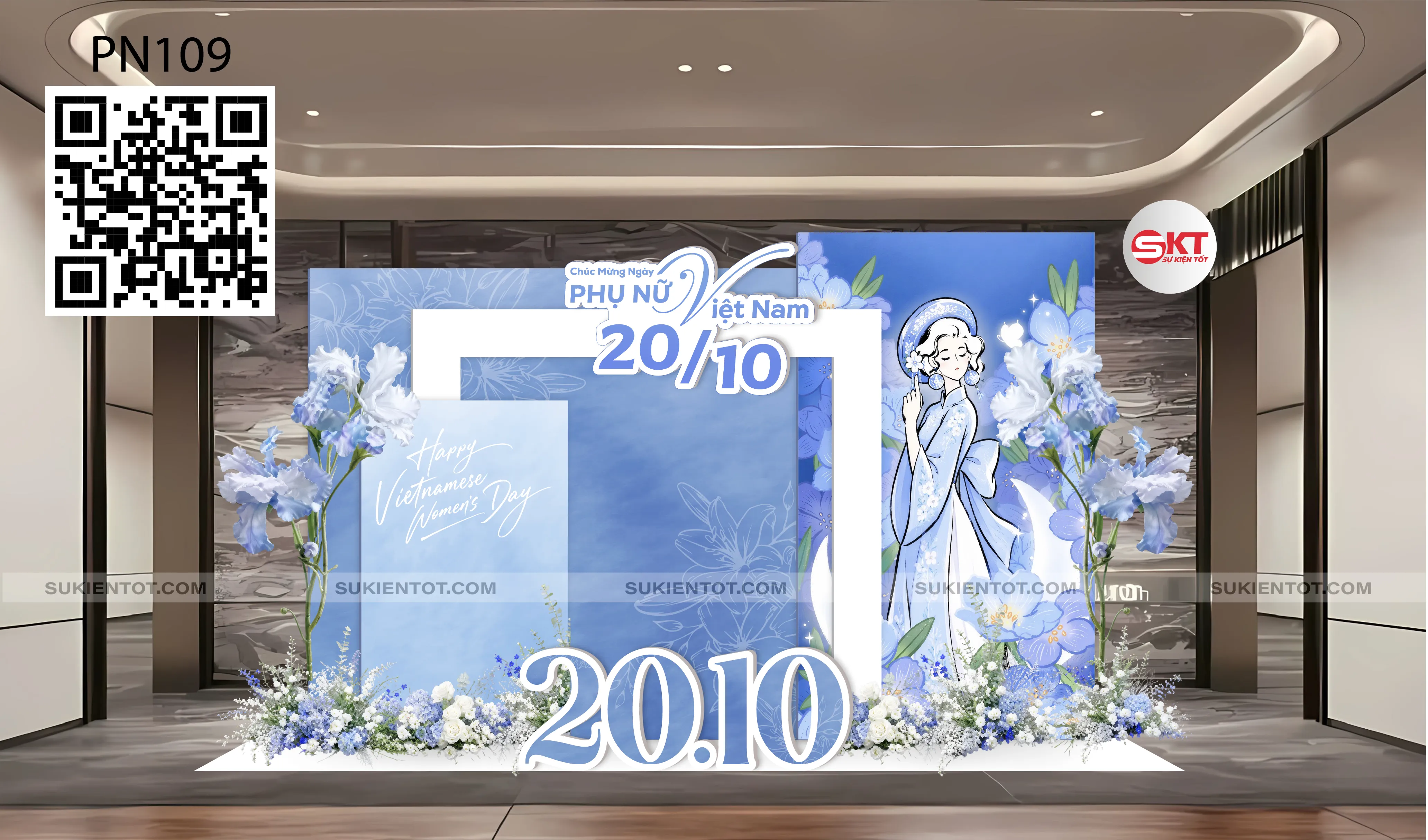 File thiết kế ngày 20/10 phụ nữ Việt Nam tone xanh da trời PN109