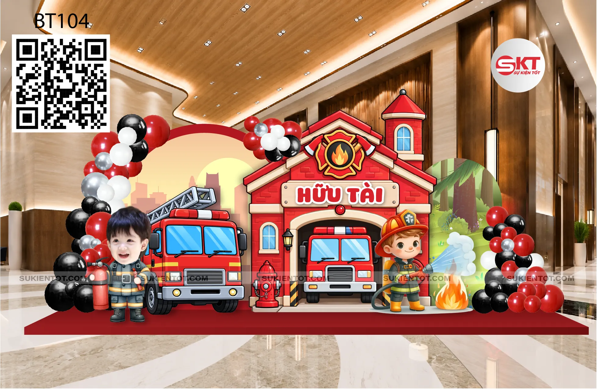 File thiết kế sinh nhật bé trai tone chủ đề lính cứu hoả BT104