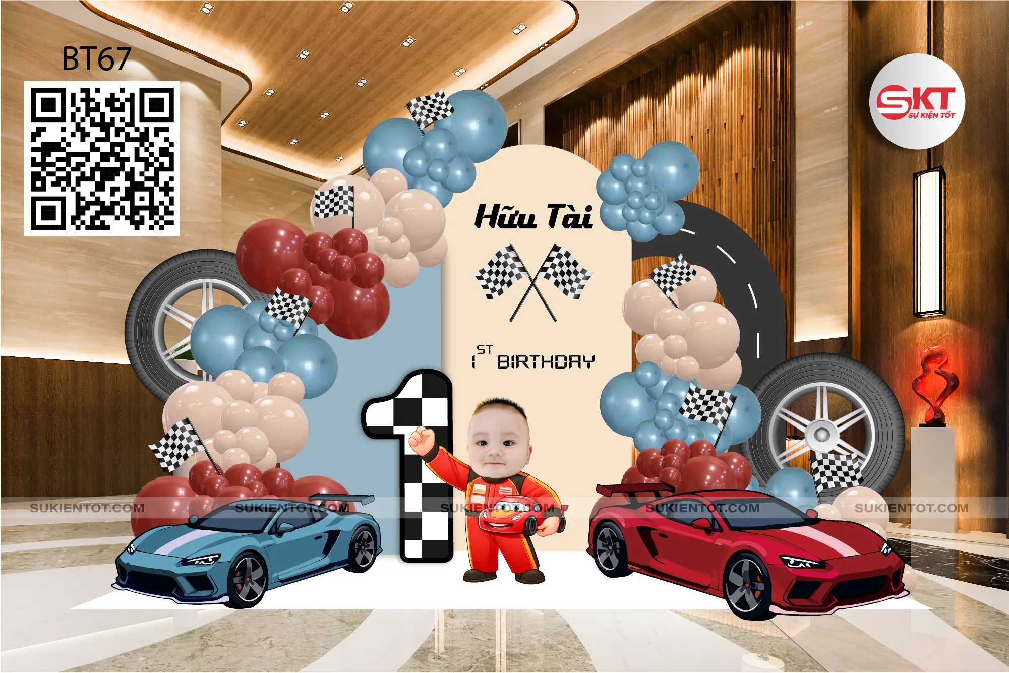 File thiết kế sinh nhật bé trai tone xanh đỏ be BT67