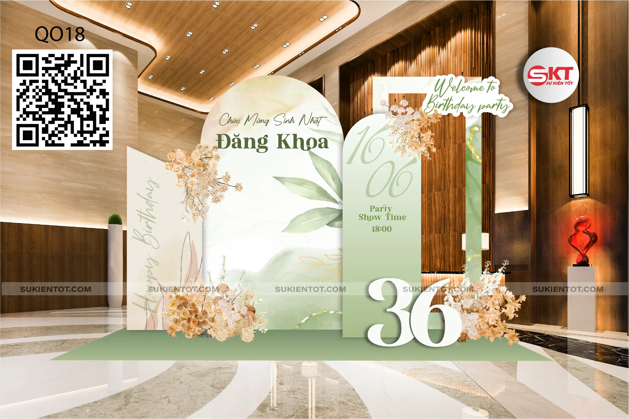 File thiết kế sinh nhật quý ông tone be xanh lá QO18