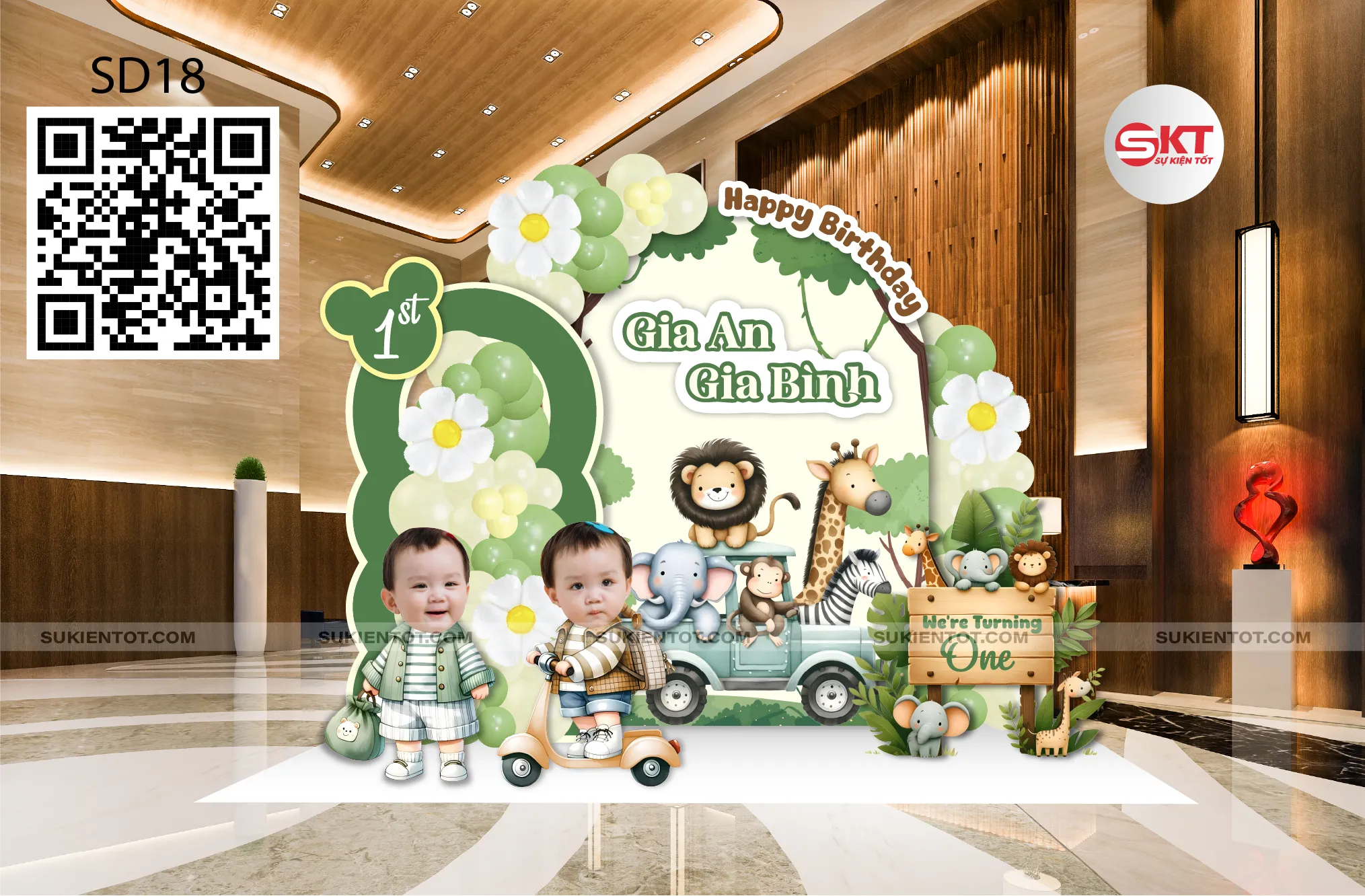 File thiết kế sinh nhật bé sinh đôi tone rừng xanh SD18