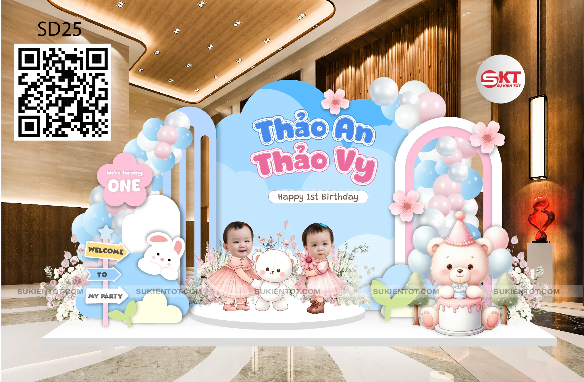 File thiết kế sinh nhật bé sinh đôi tone hồng xanh SD25