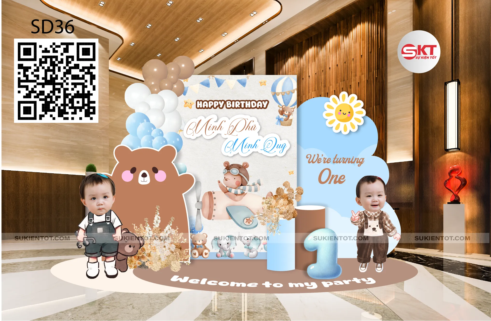 File thiết kế sinh nhật bé sinh đôi tone nâu xanh SD36