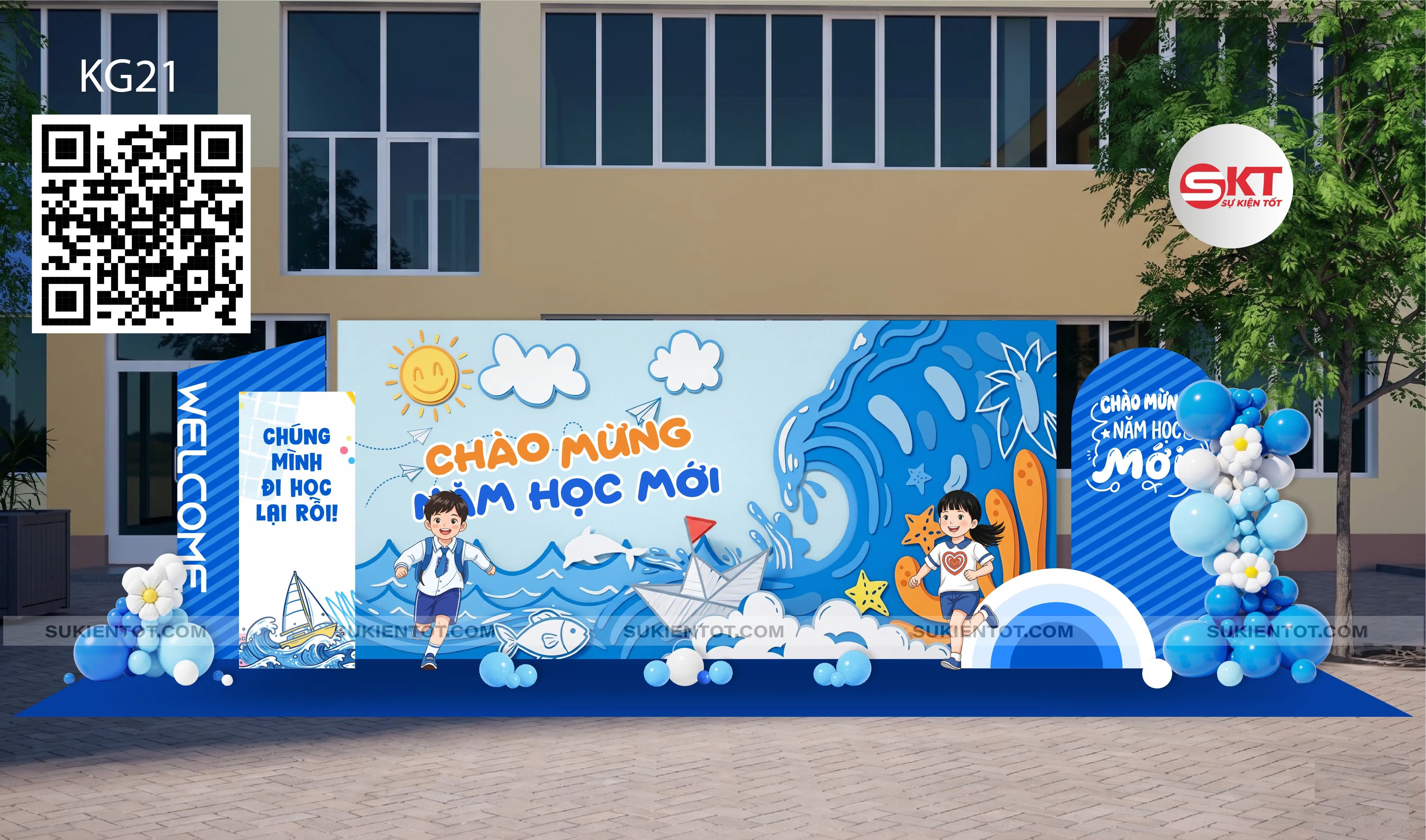 File thiết kế Lễ Khai Giảng tone xanh KG21